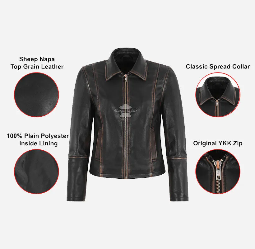 CASIDY Women Vintage Collared Leather Jacket Boxy Fit