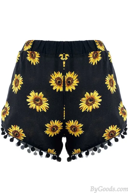 Chrysanthemum Print Trimmed Buttom Fringed Shorts