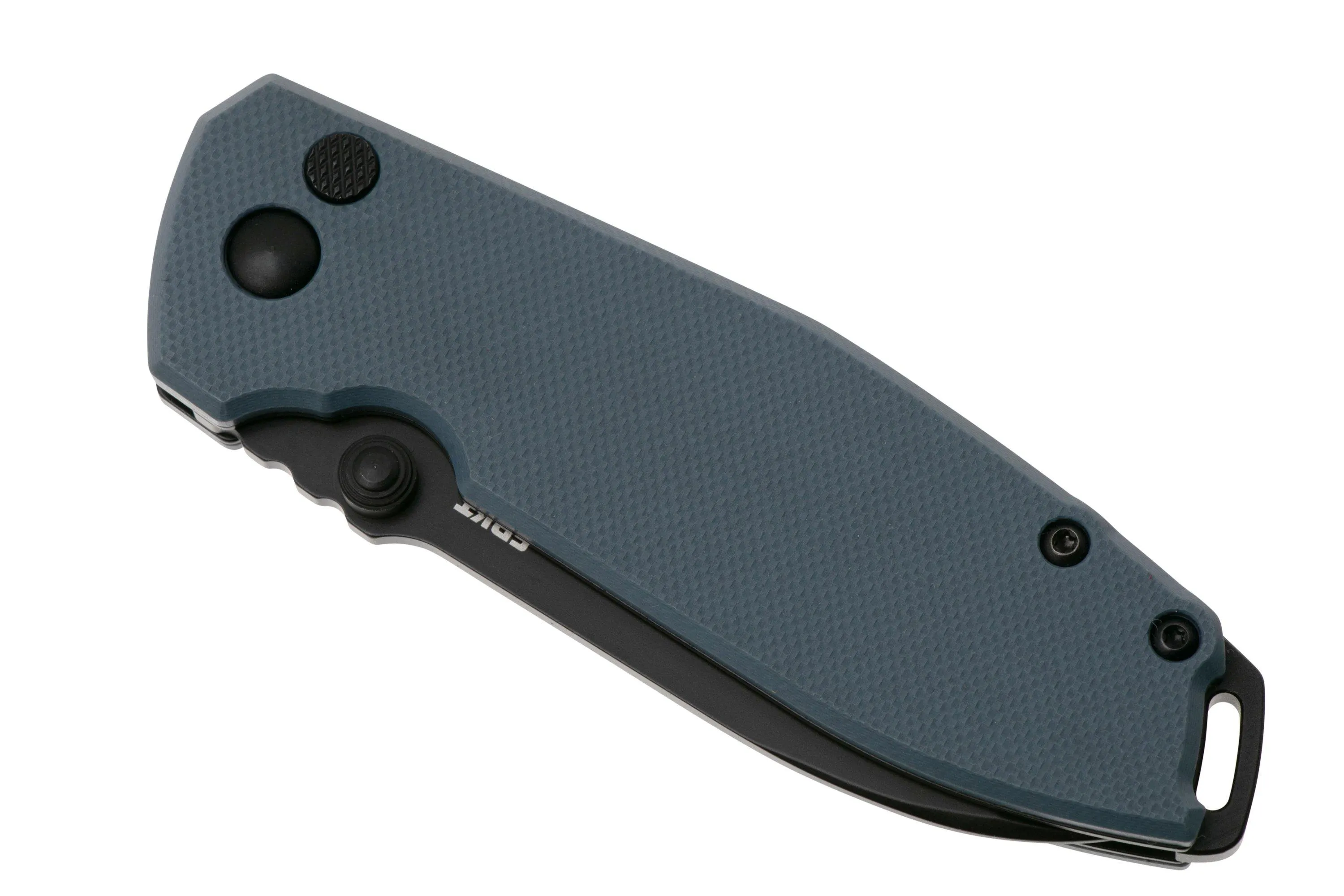 CRKT Squid XM Button Lock 2495G Black Oxide D2, Gray G10, navaja, Lucas Burnley design