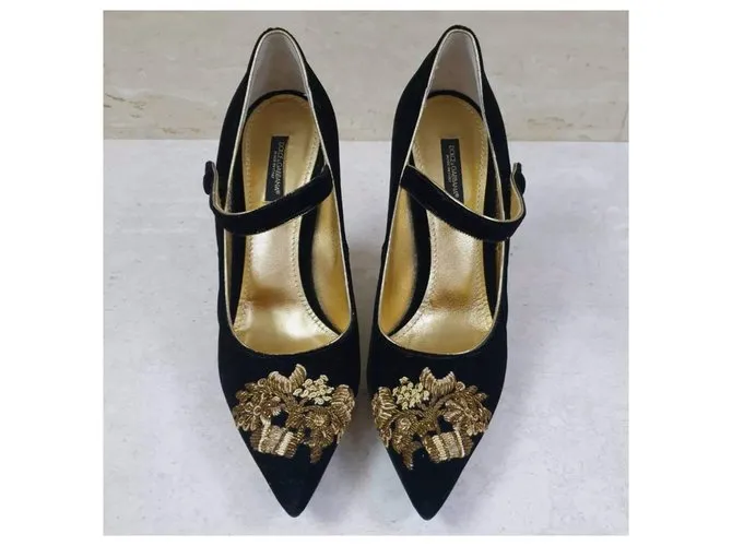 NWOB Dolce & Gabbana Runway Negro Dorado Tacones Mary Jane de noche 