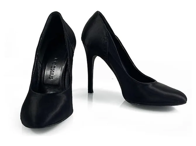 Rochas Black Satin Slim High Heel Classic Pumps Tacones Zapatos - Talla 39.5 Negro 