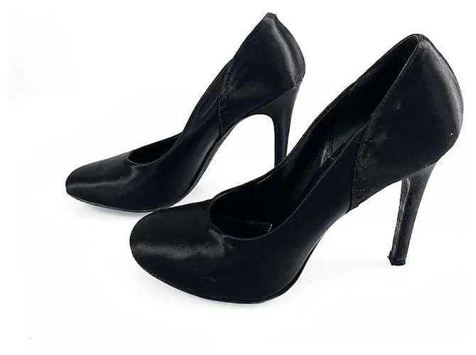 Rochas Black Satin Slim High Heel Classic Pumps Tacones Zapatos - Talla 39.5 Negro 