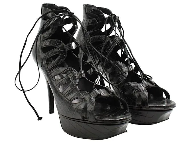 Saint Laurent Tacones con lazo de gladiador en relieve de cocodrilo negro 