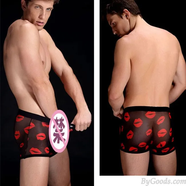 Sexy Hot Red Lips Men Pants Transparent Lingerie Male Underwear 