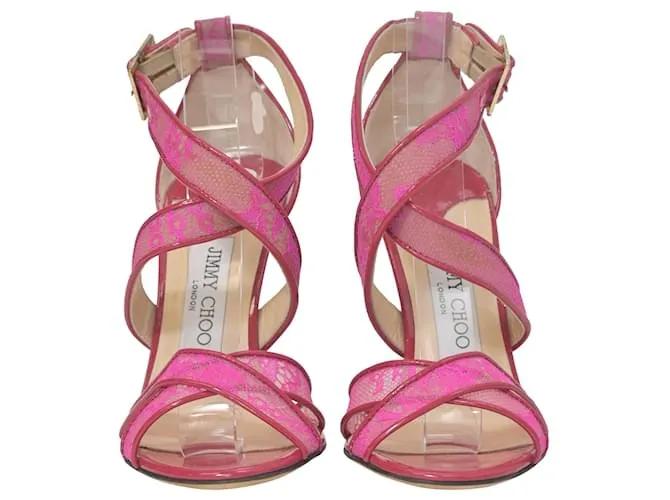 Tacones de tiras en cuero rosa con detalles de encaje Jimmy Choo Lottie 