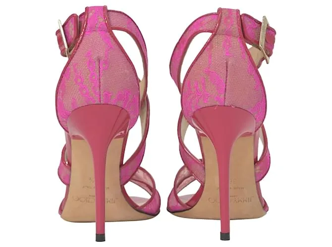 Tacones de tiras en cuero rosa con detalles de encaje Jimmy Choo Lottie 