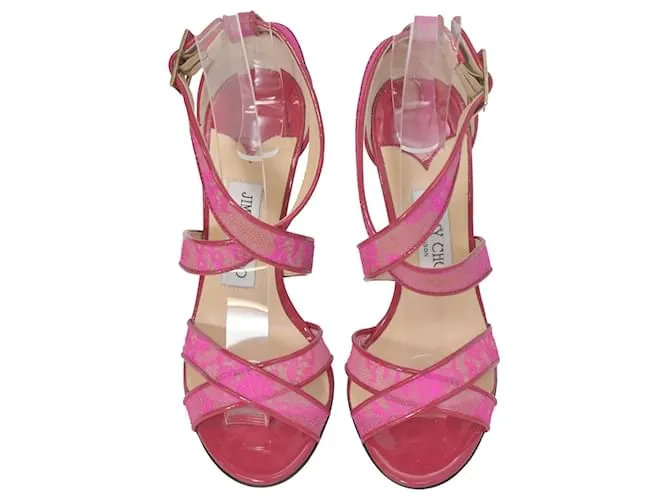 Tacones de tiras en cuero rosa con detalles de encaje Jimmy Choo Lottie 