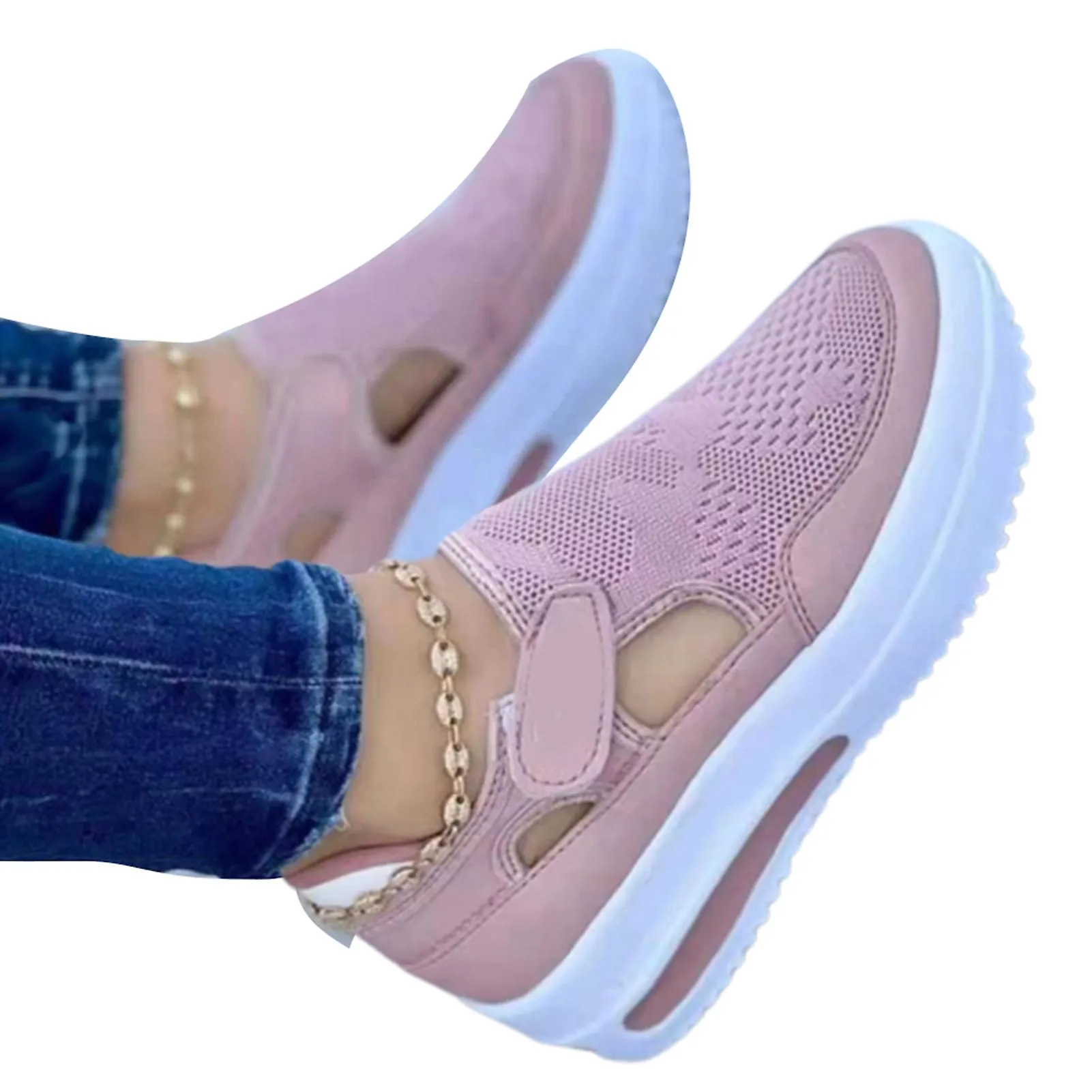 Woman Wedge Platform Sneakers Knitted Upper Hook & Loop Slip-on Flat Shoes