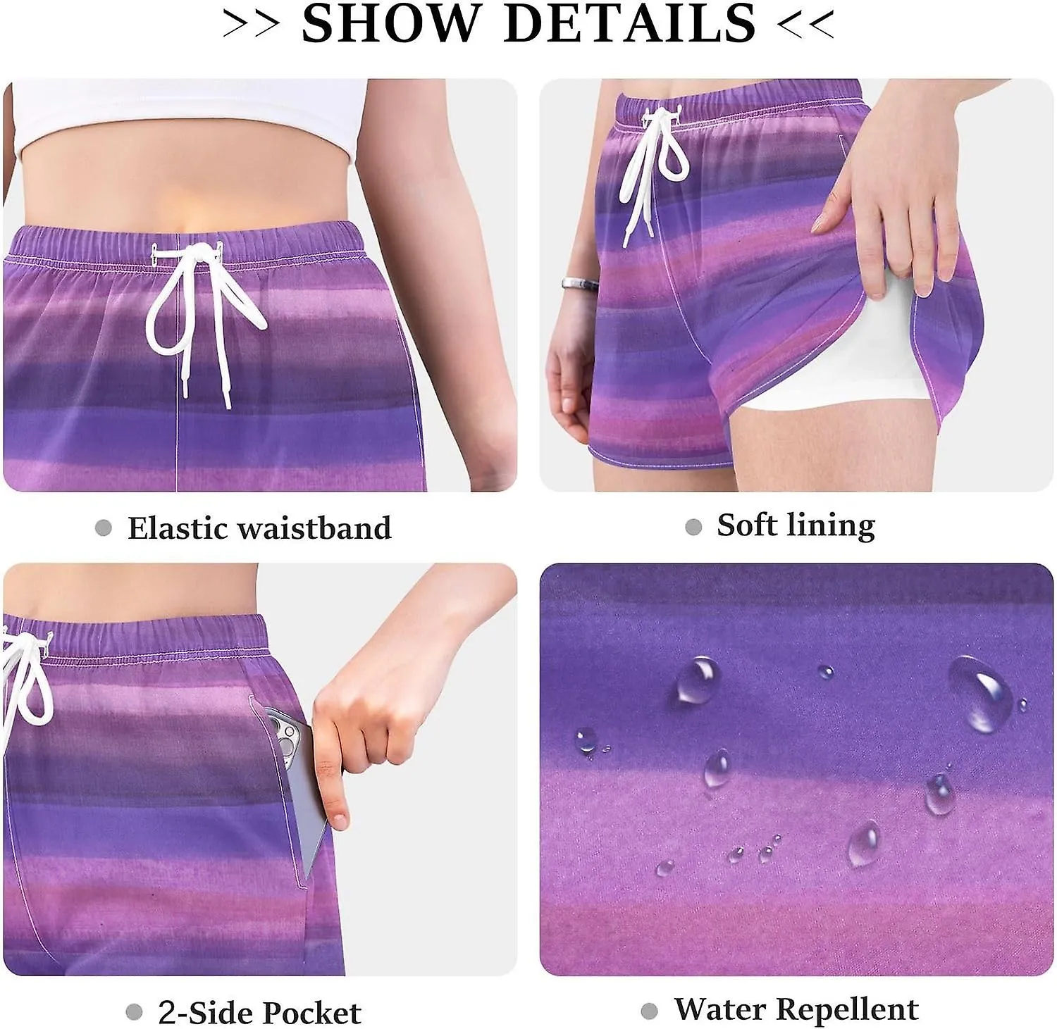 Women's Athletic Shorts Violet Pink Watercolor Stripes Workout Running Gym Quick Dry Liner Shorts with Pockets-Ggb90