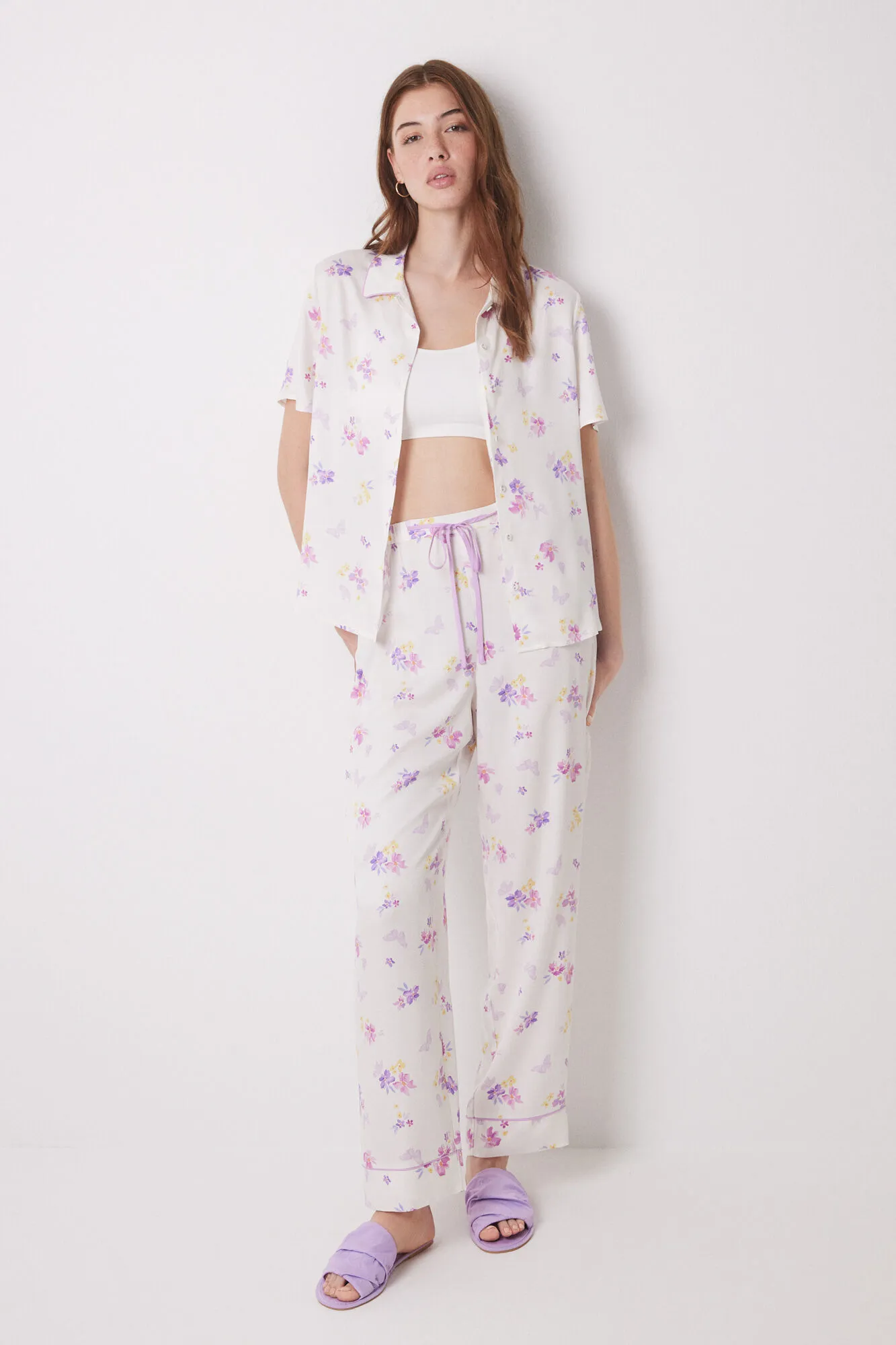 Women'secret Pijama camisero soft touch blanco mariposas