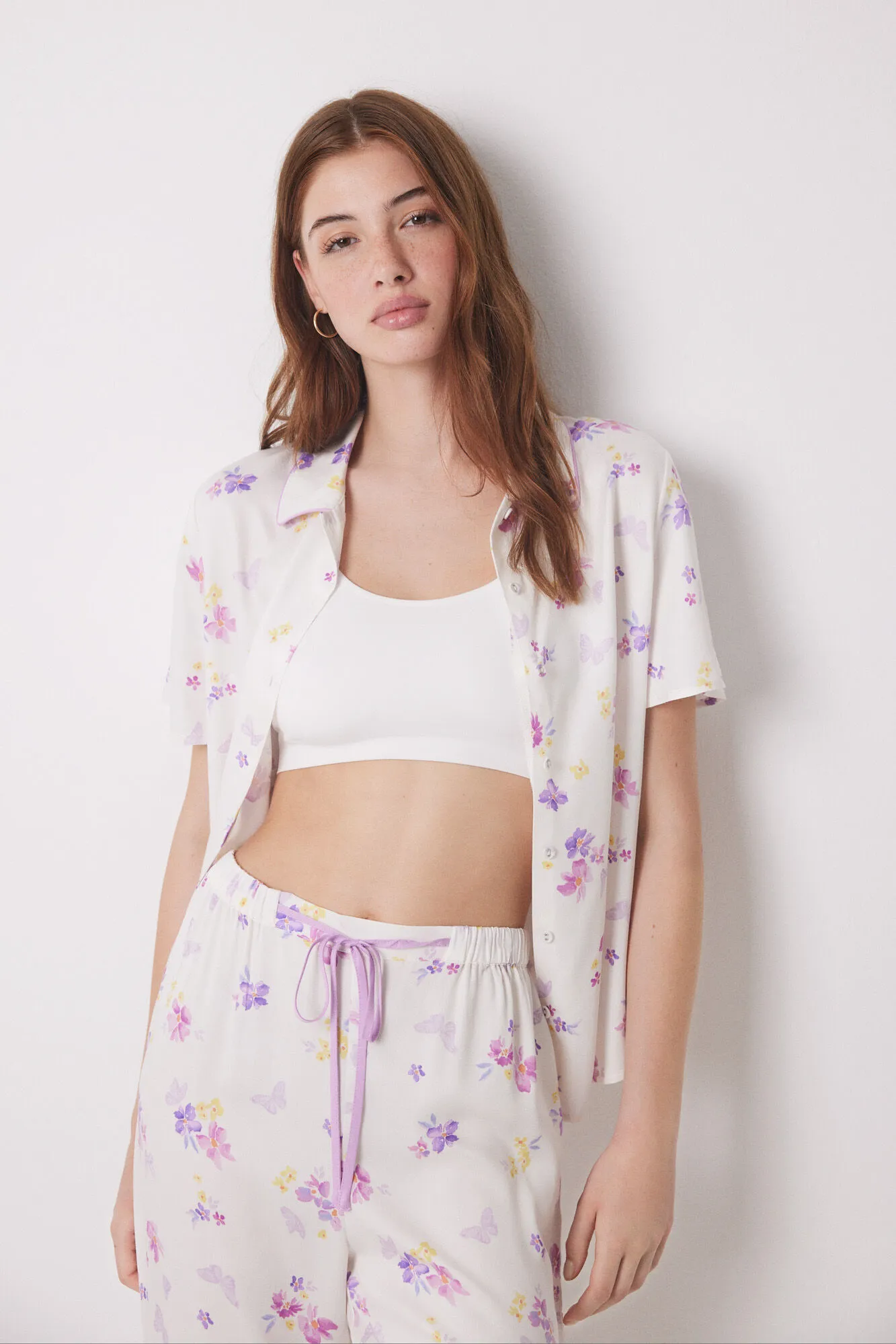 Women'secret Pijama camisero soft touch blanco mariposas