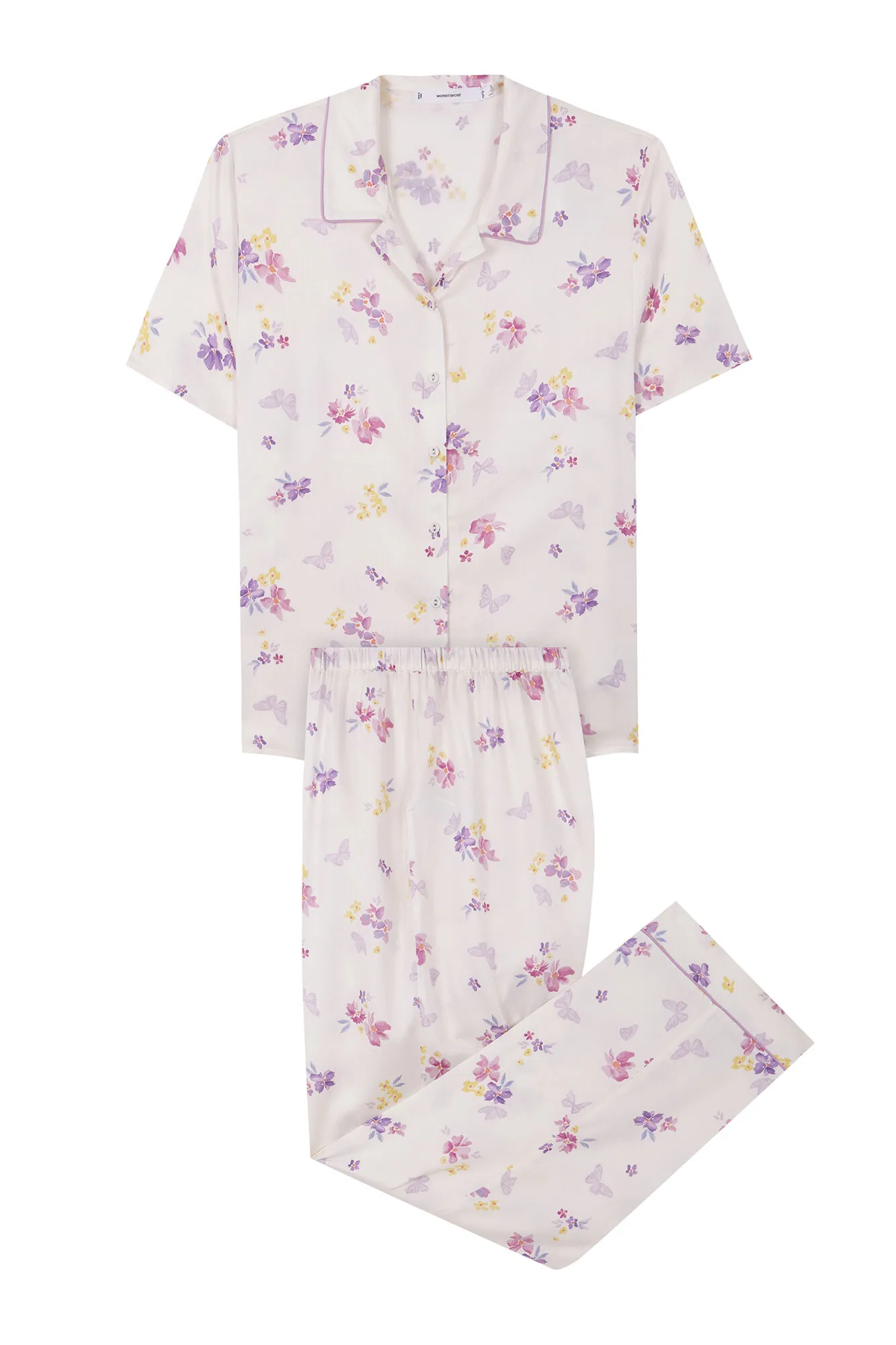 Women'secret Pijama camisero soft touch blanco mariposas