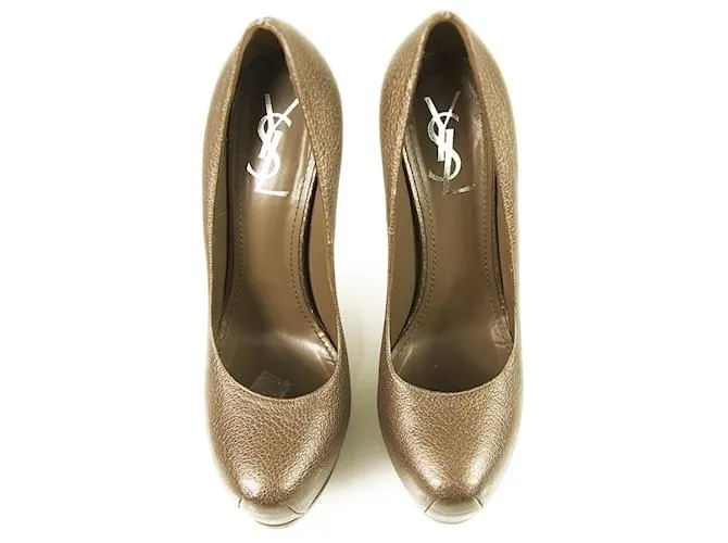 Yves Saint Laurent YSL Tribute Cuero marrón Punta redonda Plataforma Tacones Bombas 40,5 Castaño 