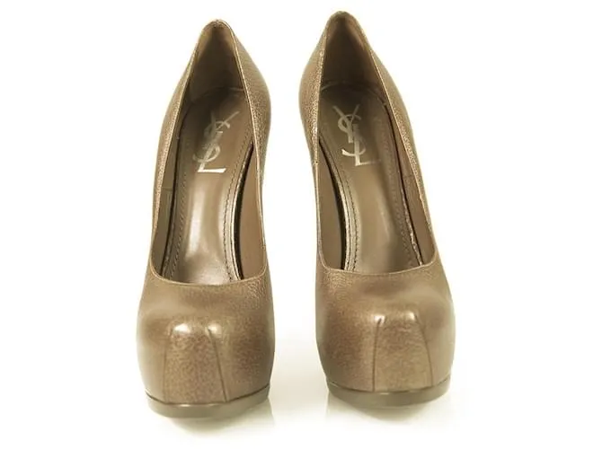 Yves Saint Laurent YSL Tribute Cuero marrón Punta redonda Plataforma Tacones Bombas 40,5 Castaño 