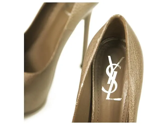 Yves Saint Laurent YSL Tribute Cuero marrón Punta redonda Plataforma Tacones Bombas 40,5 Castaño 